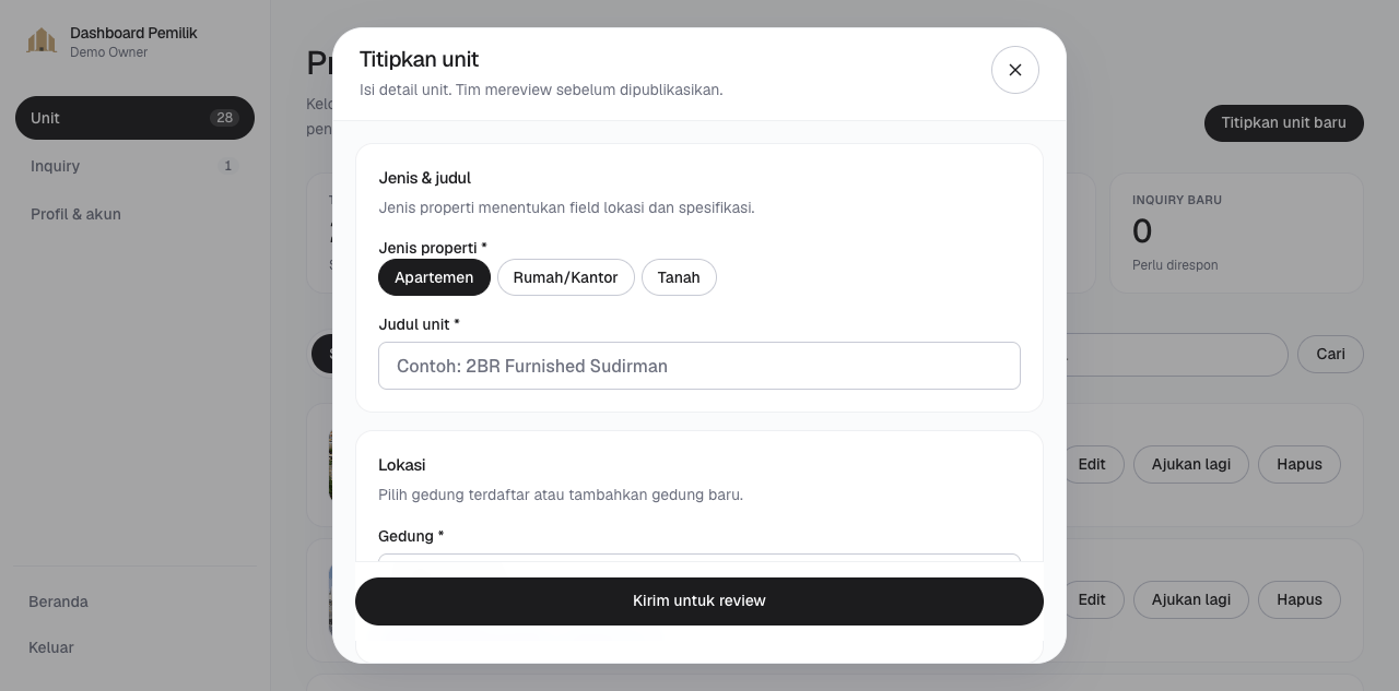 Formulir titip unit baru di dalam modal