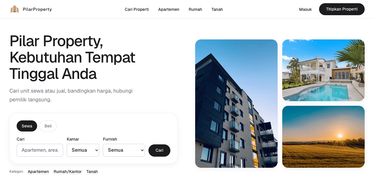 Beranda Tiga Pilar Property menampilkan unit unggulan