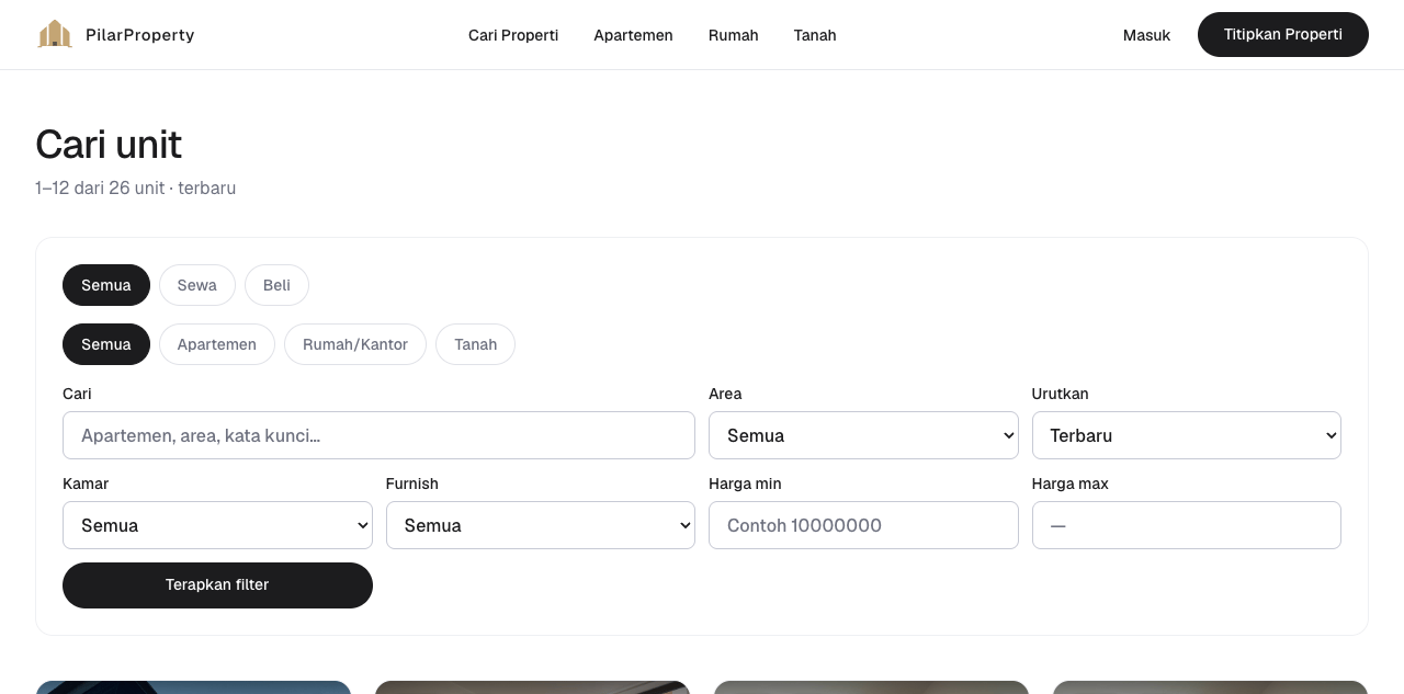 Halaman cari properti dengan filter sewa, tipe, dan area